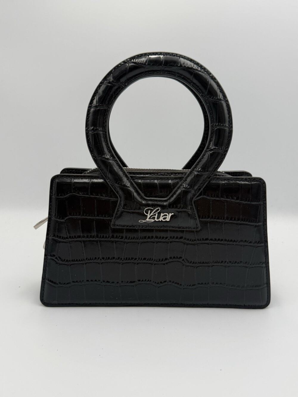 LUAR Black Croc-Embossed Leather Small Ana Top-Handle Bag Silver Logo